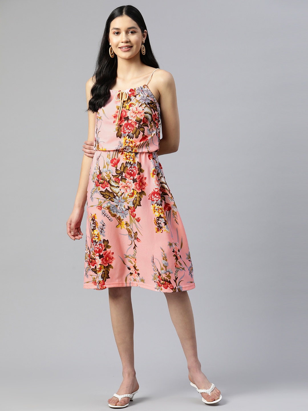 

SERONA FABRICS Floral Tie-Up Neck A-Line Dress, Pink