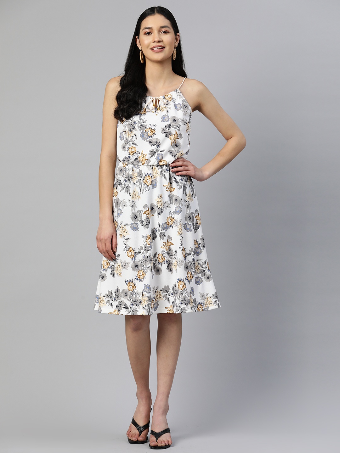 

SERONA FABRICS Floral Print Tie-Up Neck A-Line Dress, Grey