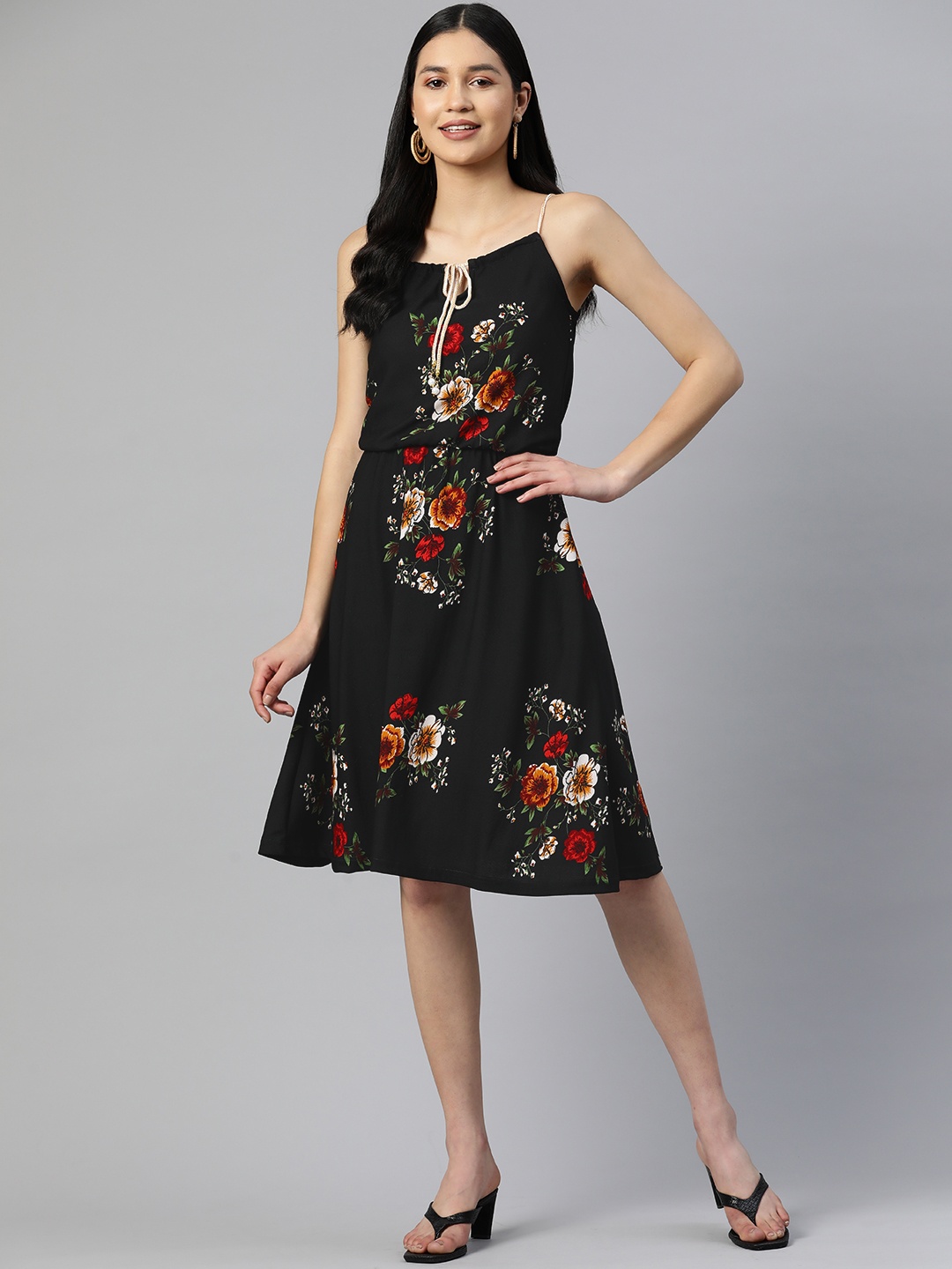 

SERONA FABRICS Floral Print Tie-Up Neck A-Line Dress, Black