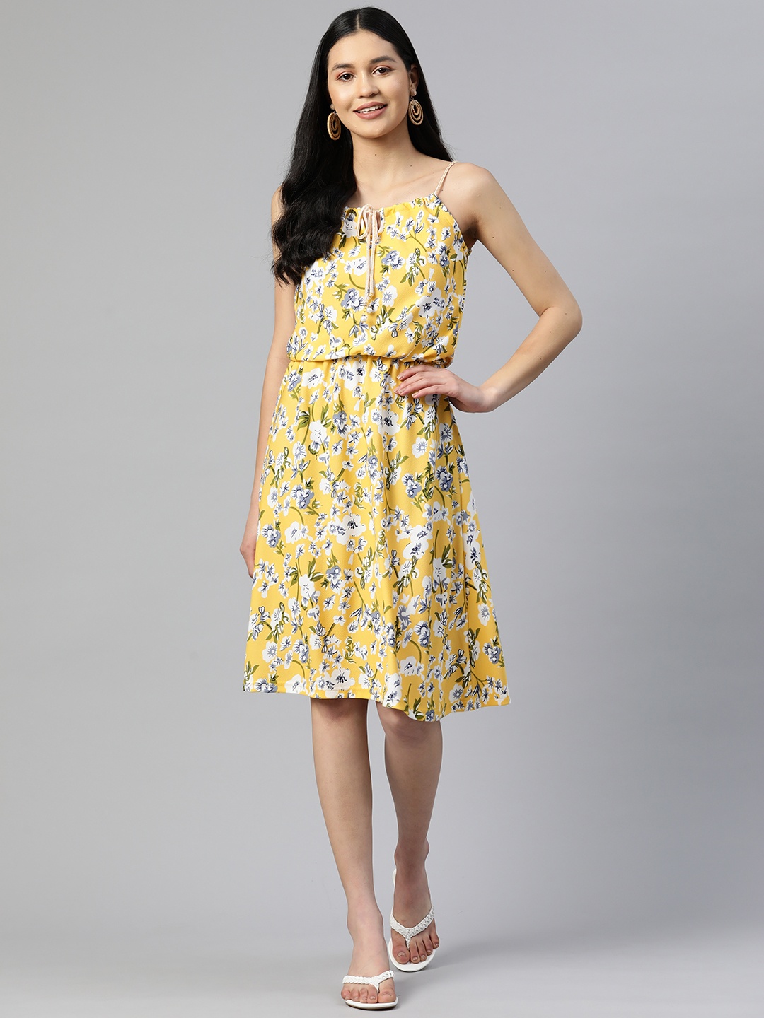 

SERONA FABRICS Floral Print Tie-Up Neck A-Line Dress, Yellow
