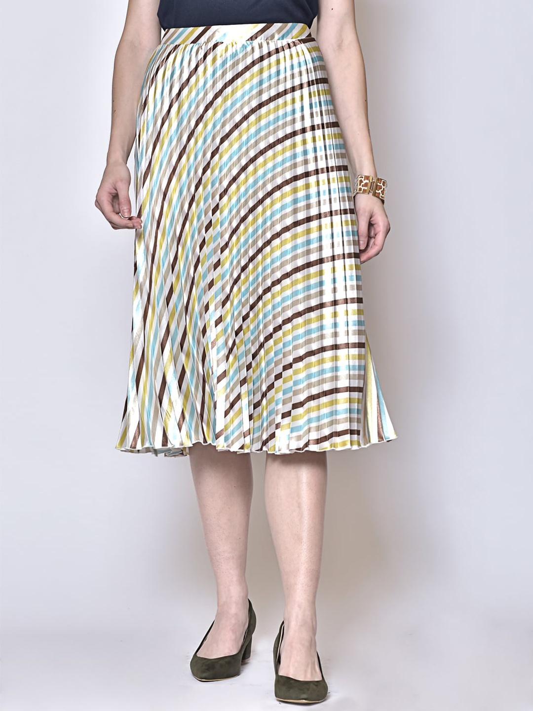 

250 DESIGNS Striped Accordion Pleated A-Line Midi Skirt, White