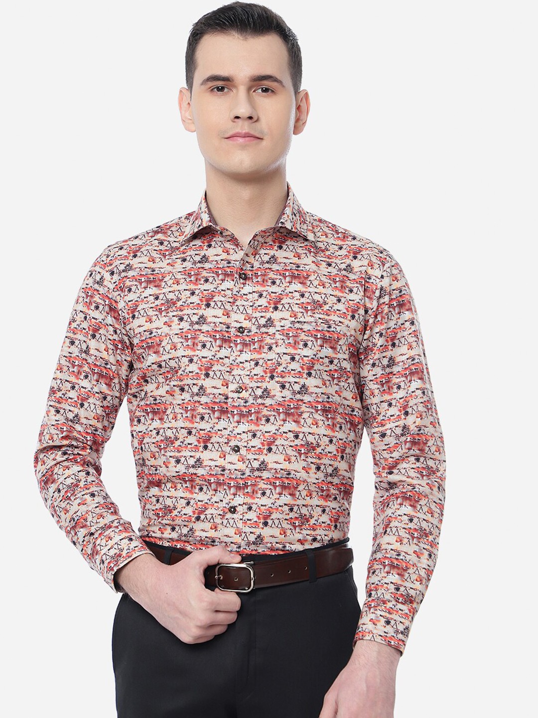 

Greenfibre Men Slim Fit Printed Cotton Formal Shirt, Orange