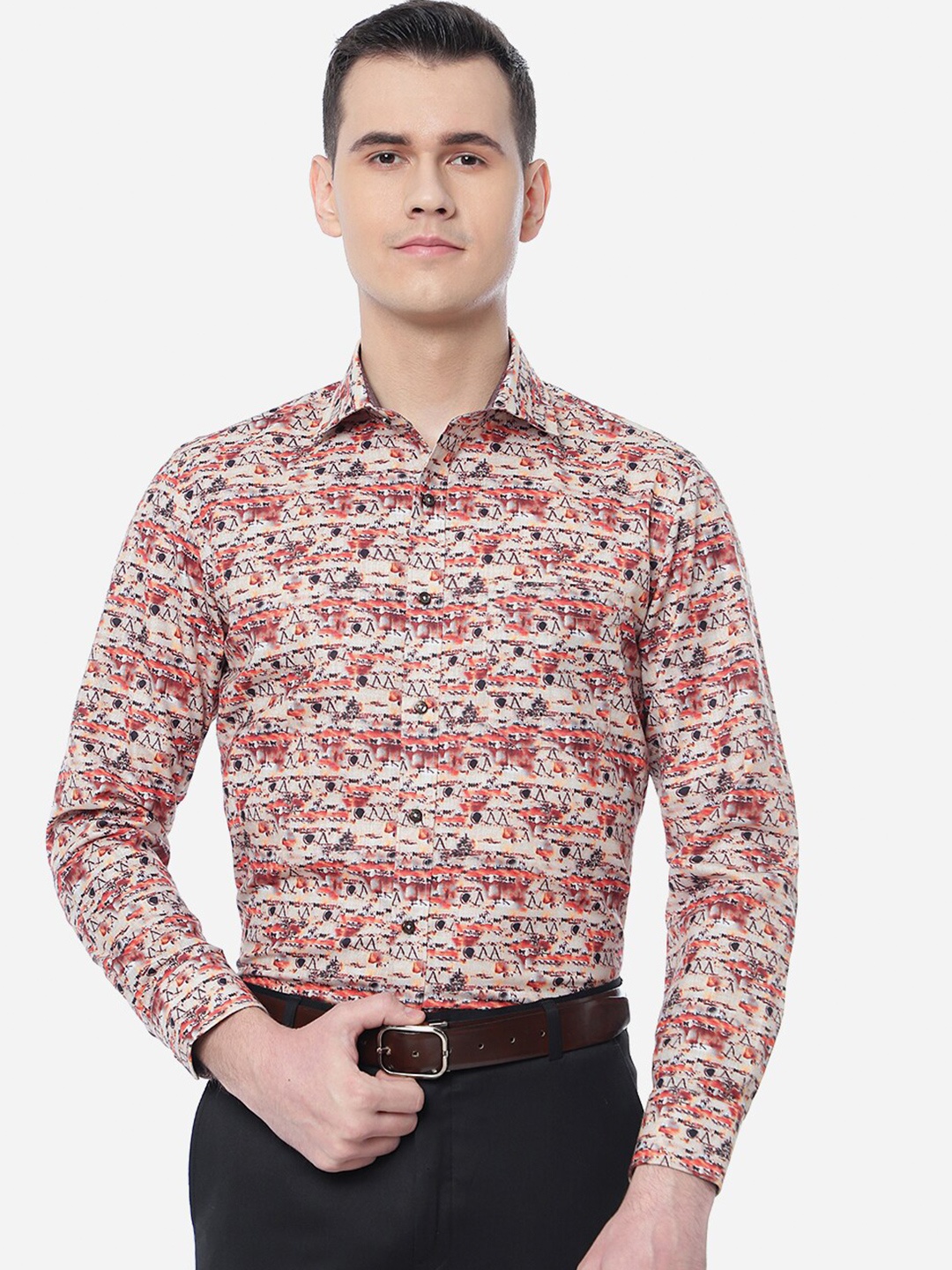 

Greenfibre Men Slim Fit Printed Cotton Formal Shirt, Orange