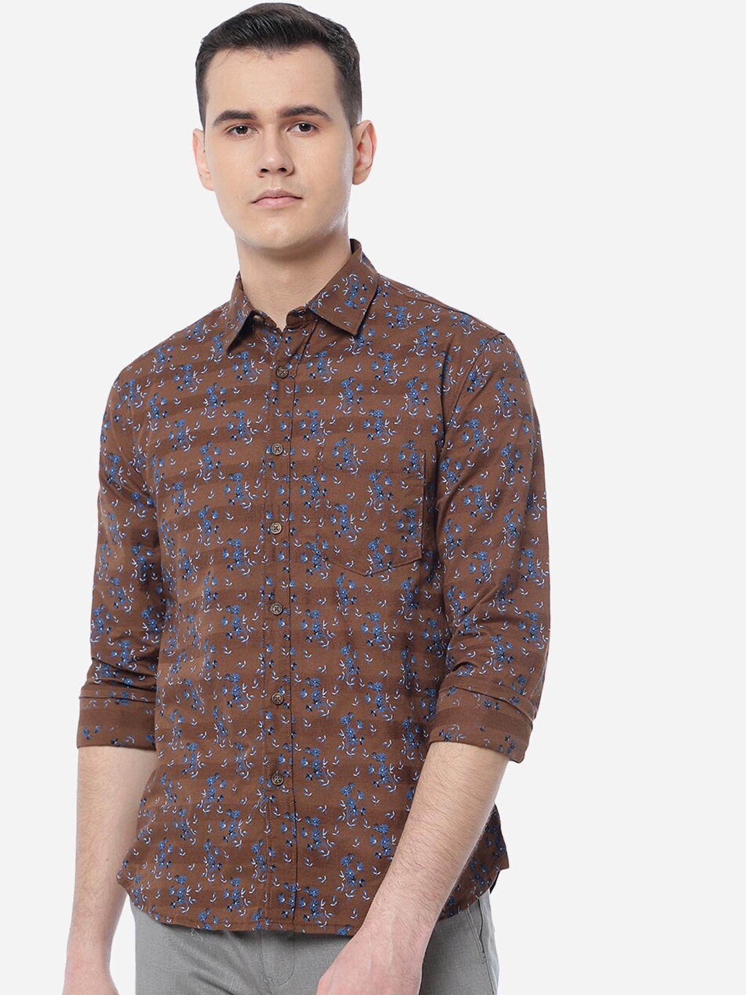 

Greenfibre Men Floral Printed Cotton Slim Fit Casual Shirt, Brown