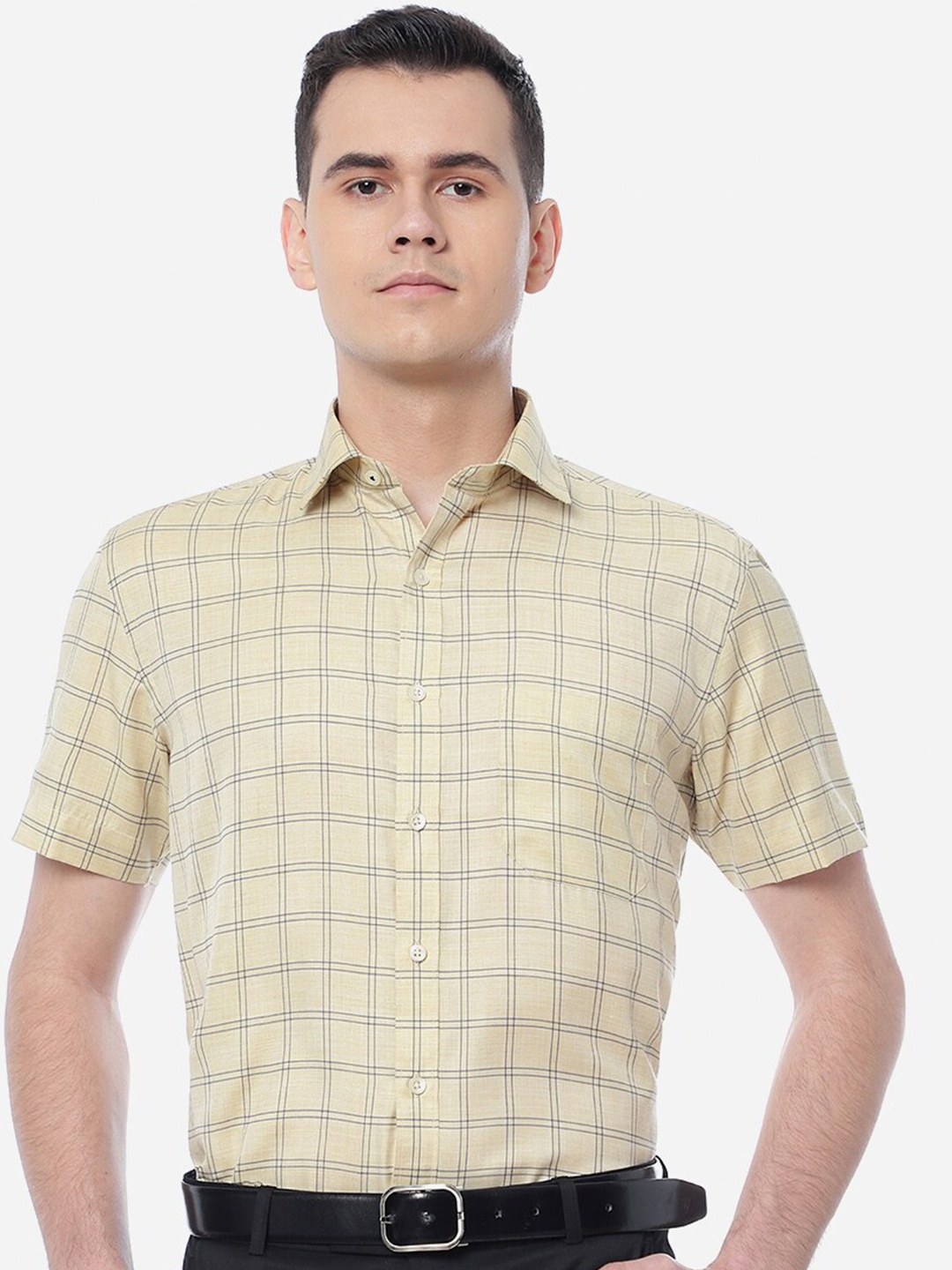

Greenfibre Men Checked Cotton Formal Shirt, Yellow