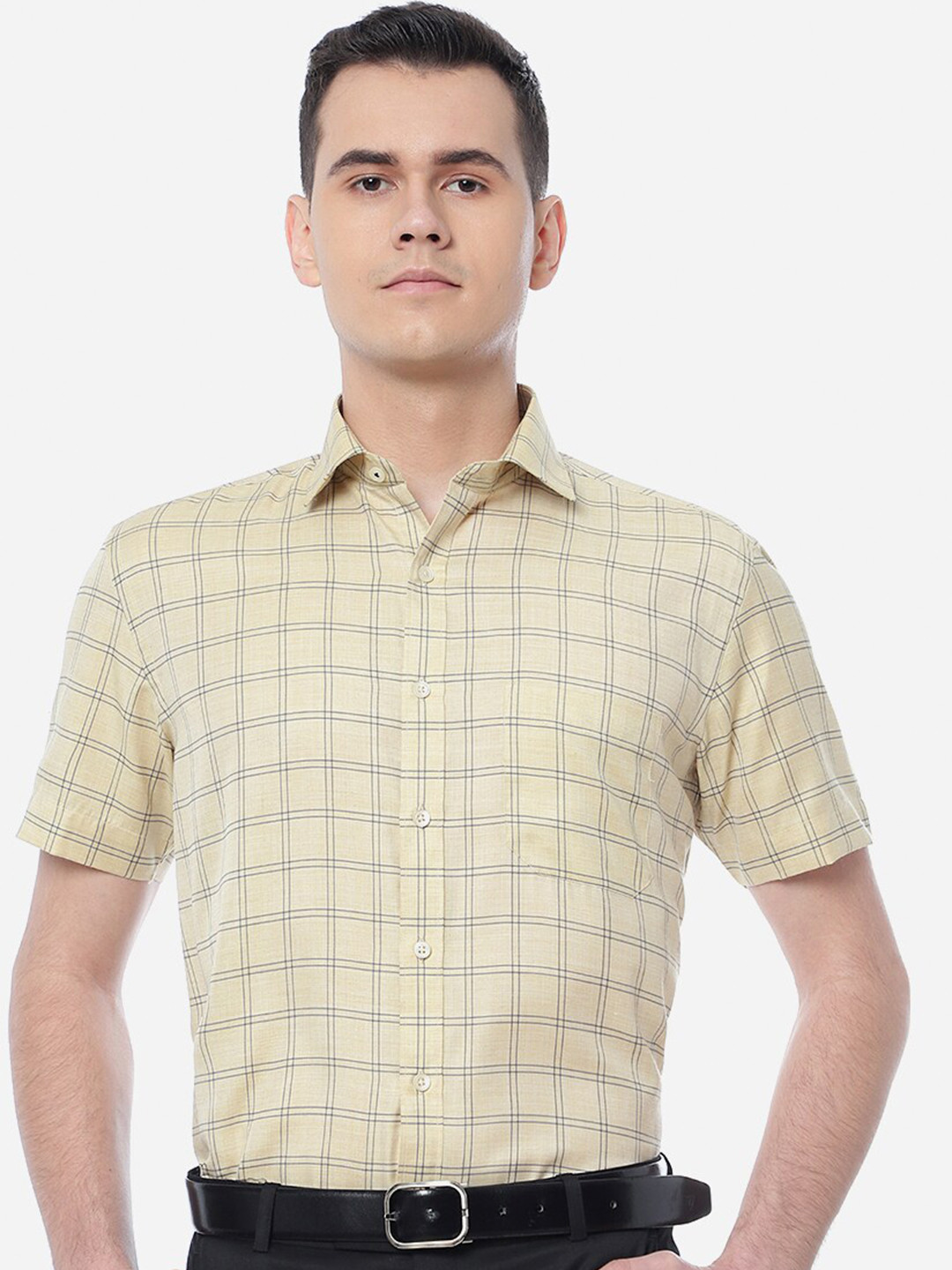 

Greenfibre Men Checked Cotton Formal Shirt, Yellow
