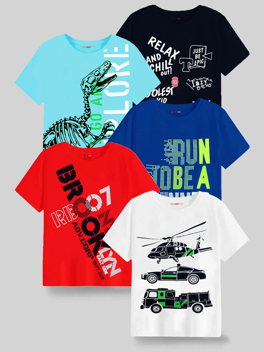 

KUCHIPOO Boys Pack of 5 Typography Printed Cotton T-shirt, White