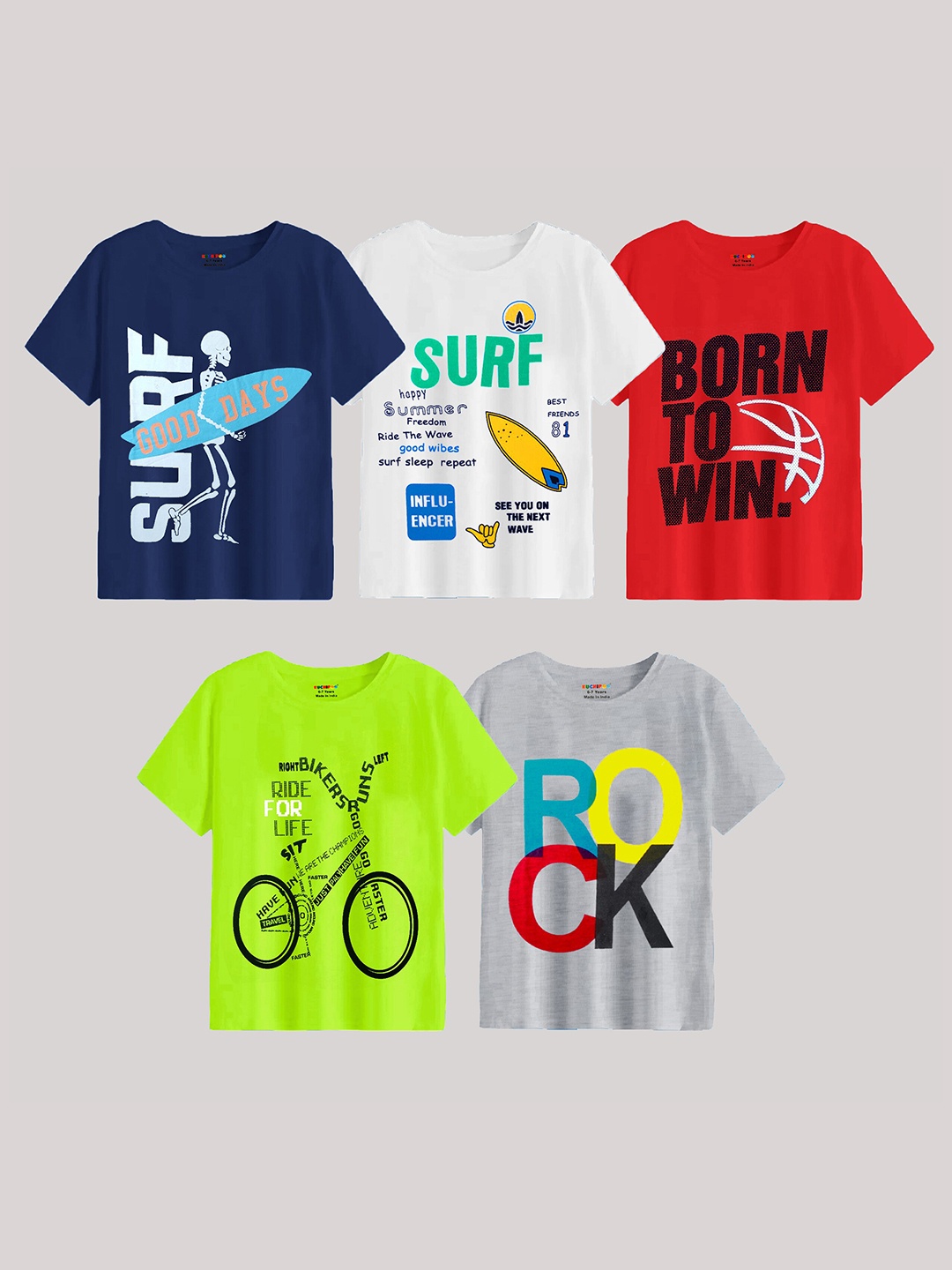 

KUCHIPOO Boys Pack Of 5 Printed T-shirt, Blue
