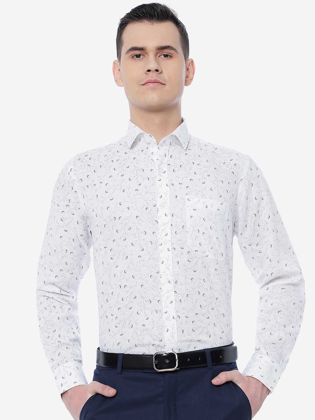 

JADE BLUE Men Floral Printed Linen Formal Shirt, White