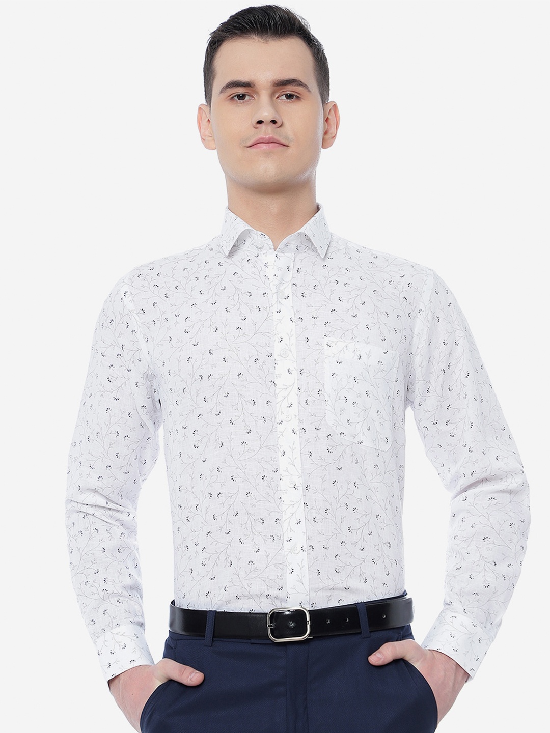 

JADE BLUE Men Floral Printed Linen Formal Shirt, White