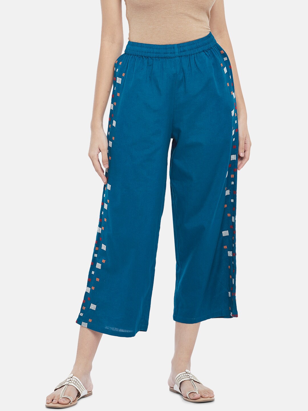 

AKKRITI BY PANTALOONS Women Cotton Embroidered Palazzos, Teal