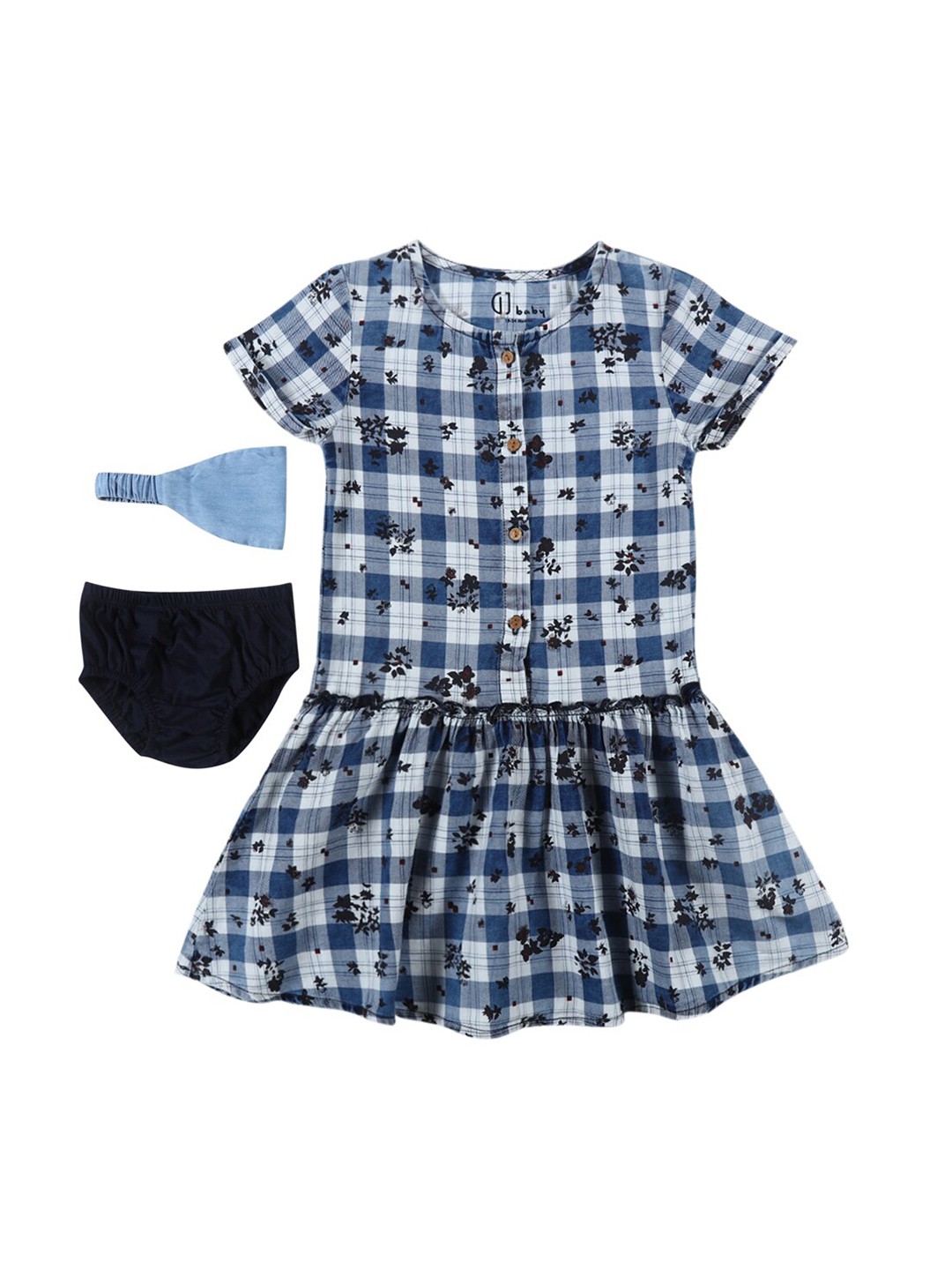 

Gini and Jony Girls Checked Drop-Waist Dress With Shorts And Head Band, Blue
