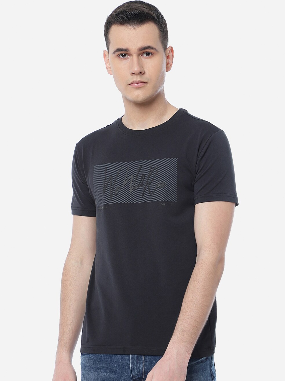 

JADE BLUE Men Typography Printed Slim Fit Cotton T-shirt, Grey