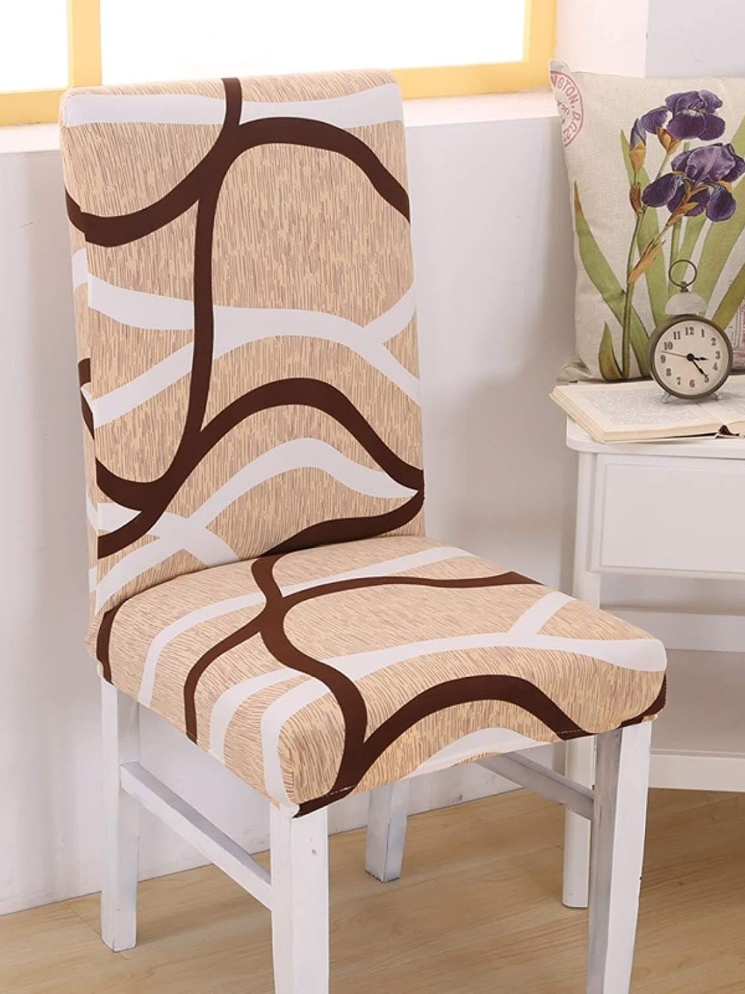 

HOUSE OF QUIRK Set Of 6 Beige Printed Removable Chair Covers
