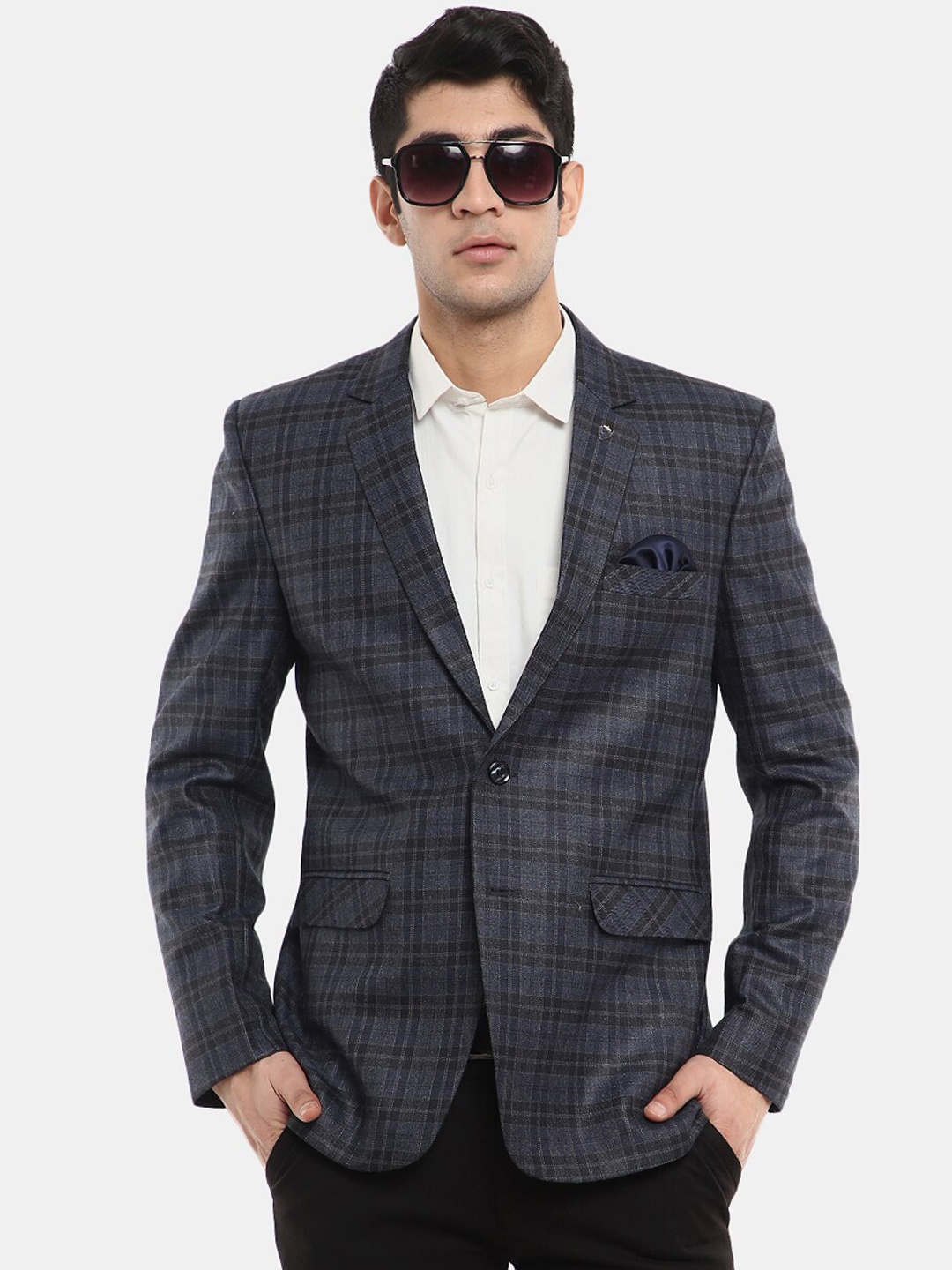 

V-Mart Men Checked Single-Breasted Casual Blazer, Navy blue