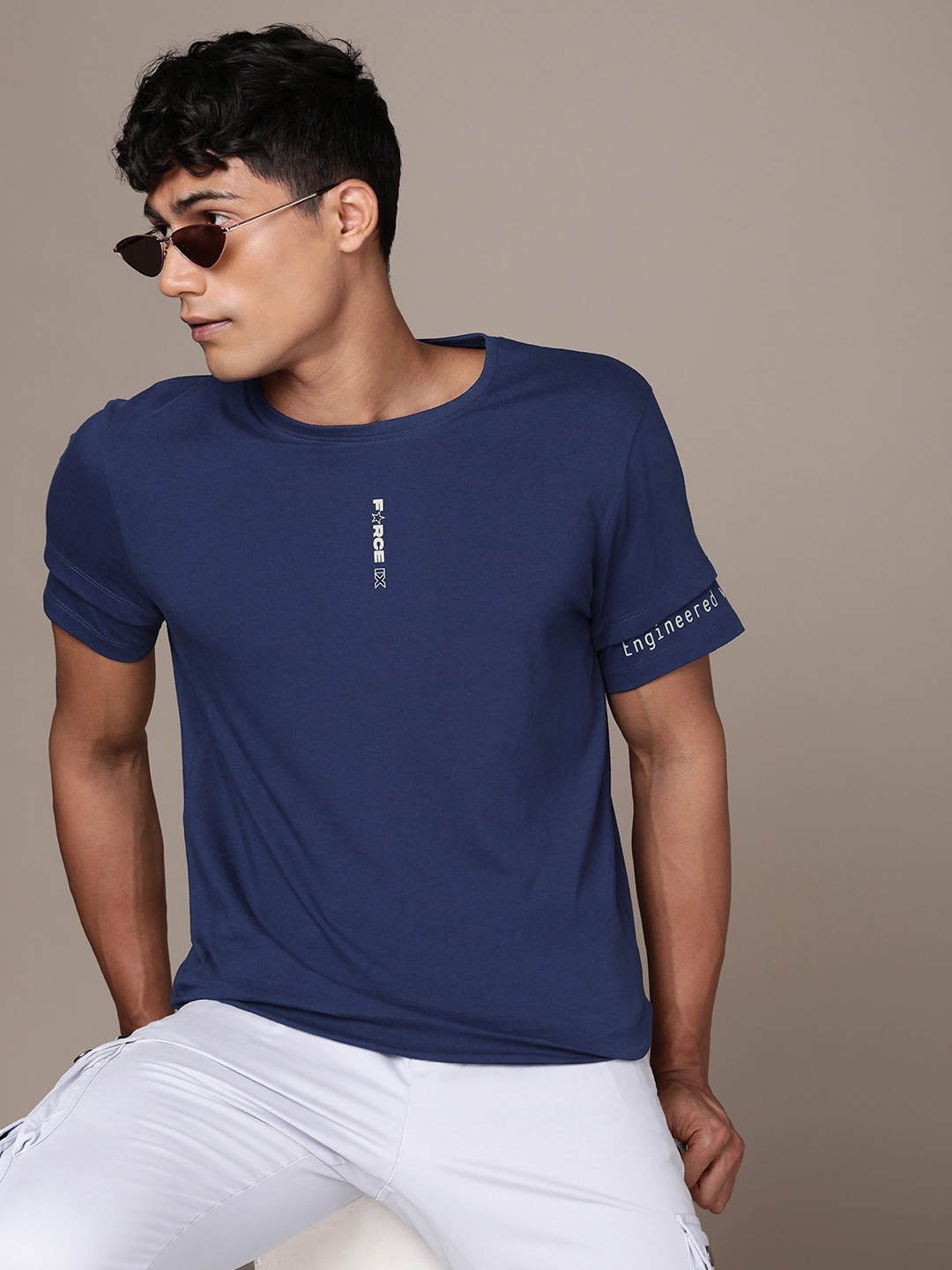 

FORCE IX Men Round Neck Brand Logo Detail Pure Cotton T-shirt, Blue
