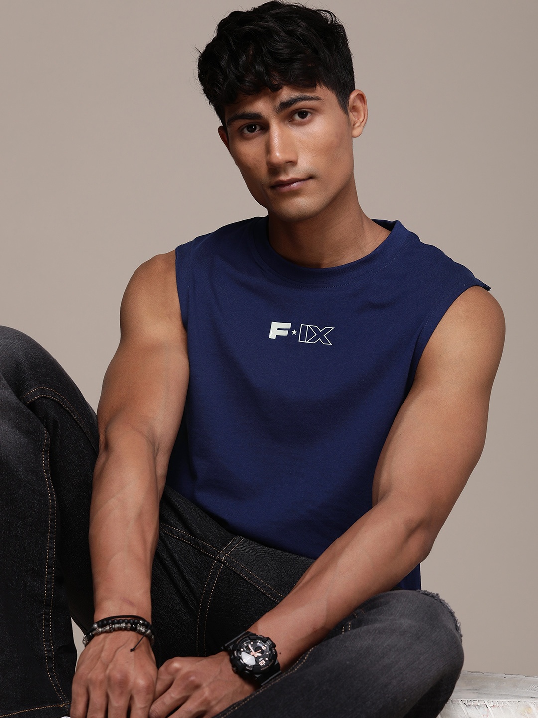 

FORCE IX Men Pure Cotton Round Neck Sleeveless T-shirt, Blue