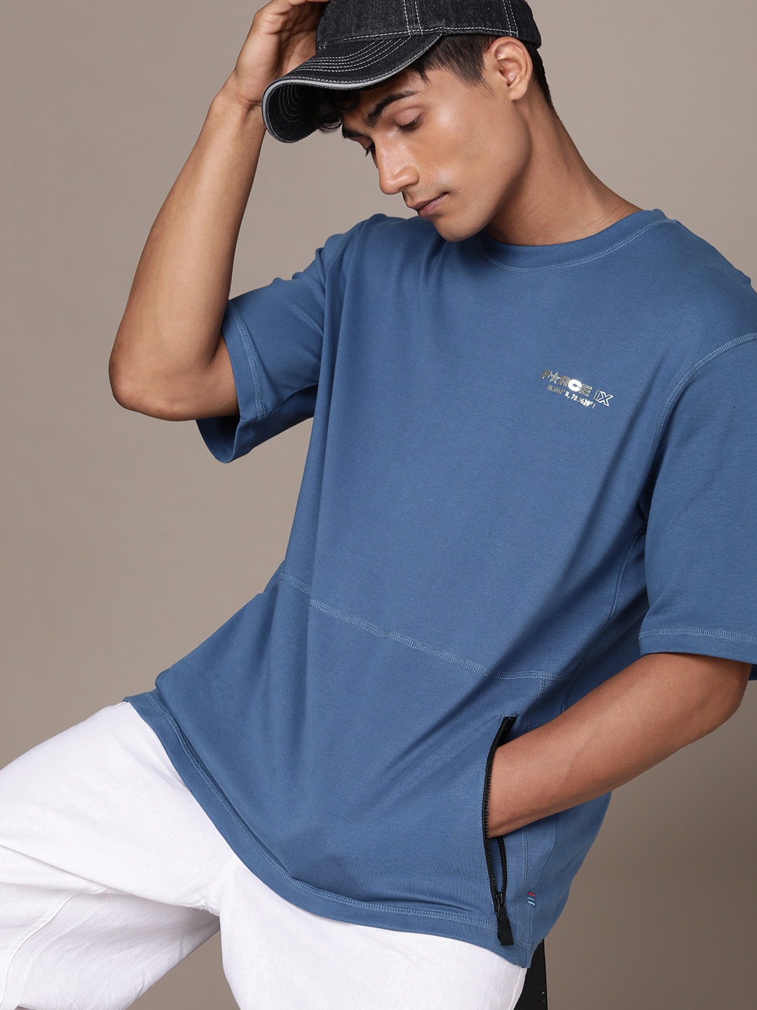 

FORCE IX Brand Logo Printed Drop-Shoulder Sleeves Pure Cotton Oversized T-shirt, Blue