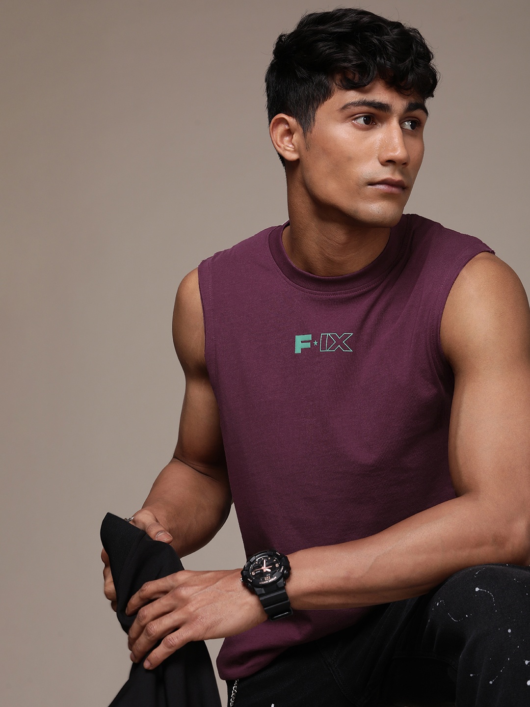 FORCE IX Men Pure Cotton Brand Logo Printed T-shirt, Burgundy