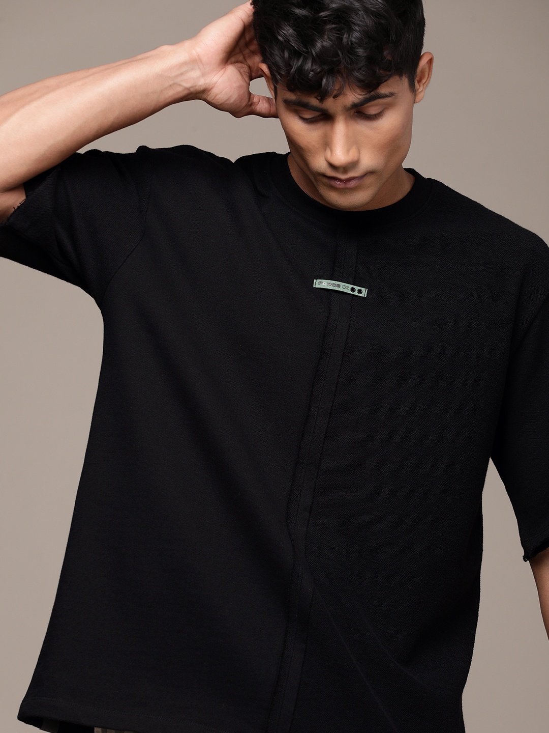 

FORCE IX Men Oversized Drop-Shoulder Sleeves Pure Cotton Loose T-shirt, Black