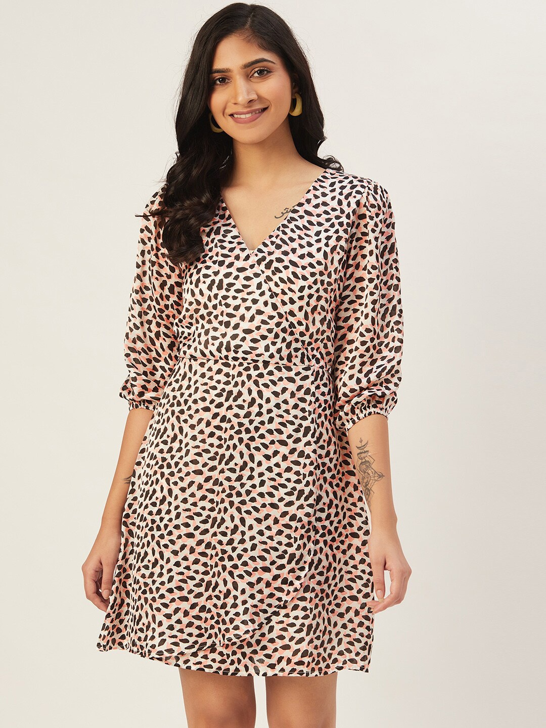 

DODO & MOA Animal Printed Puff Sleeves Wrap Dress, White