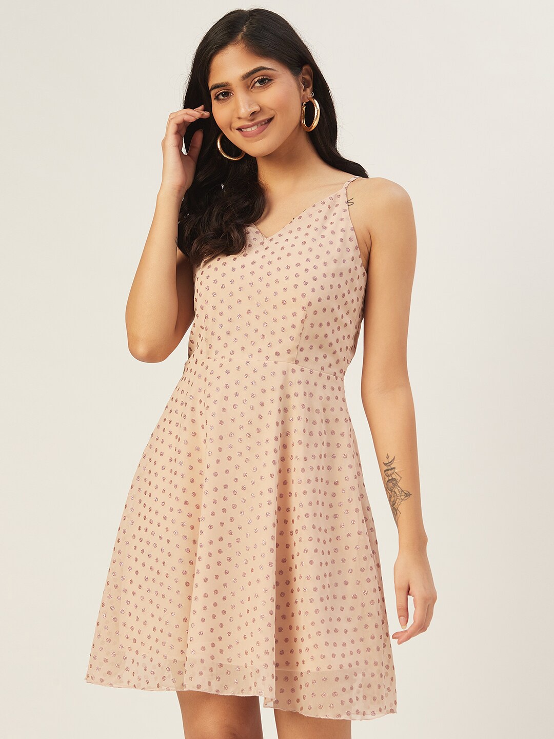 

DODO & MOA Polka Dots Printed Georgette Dress, Peach