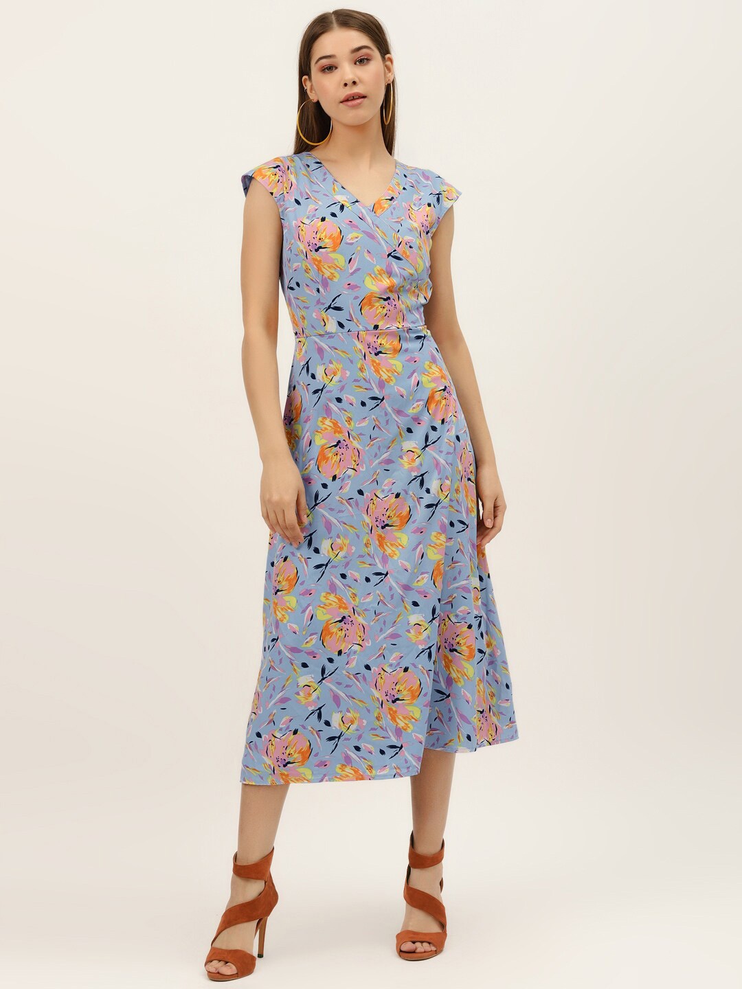 

DODO & MOA Floral Printed V-Neck Fit & Flare Midi Dress, Blue