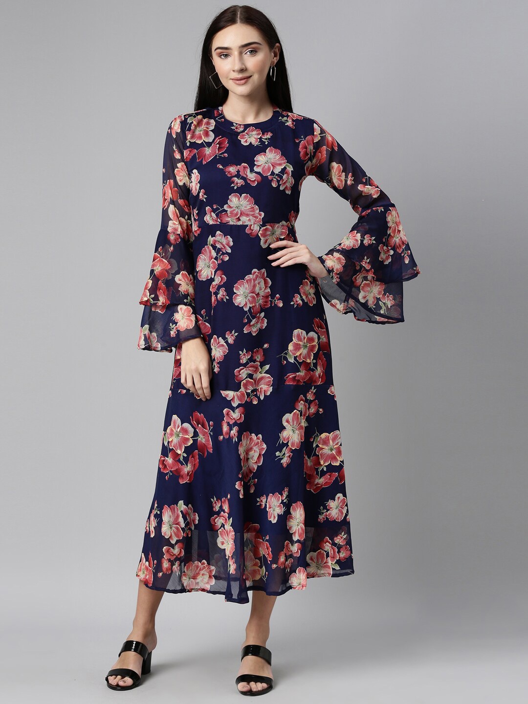 

Souchii Floral Printed Round Neck Midi Dress, Navy blue