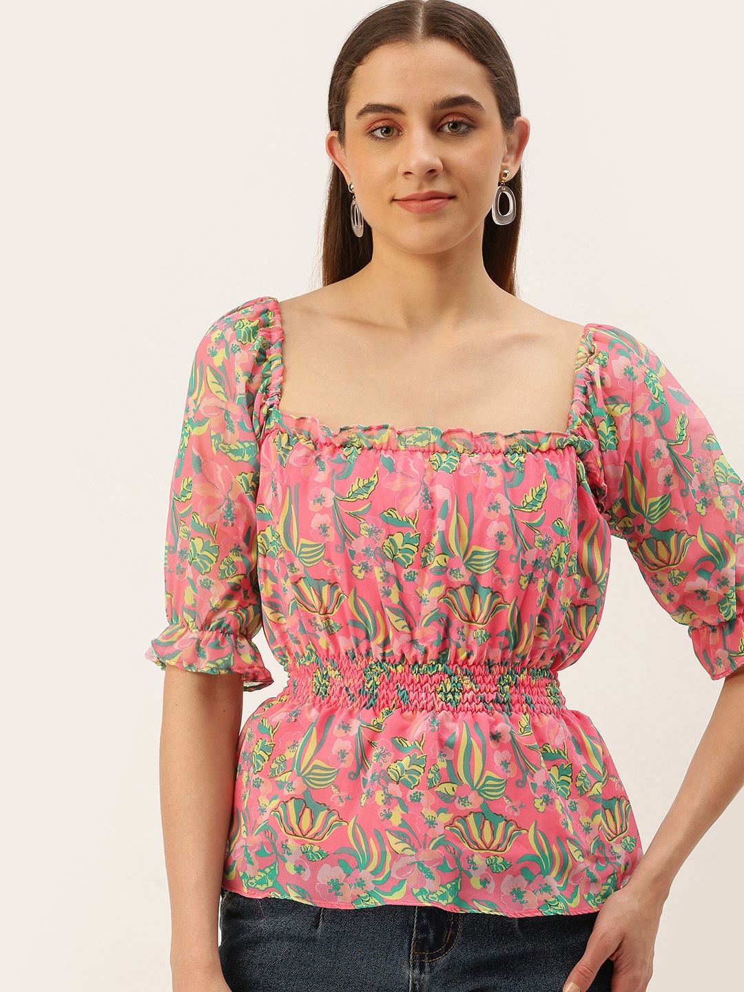 

MELOSO Pink & Sea Green Floral Print Georgette Cinched Waist Top