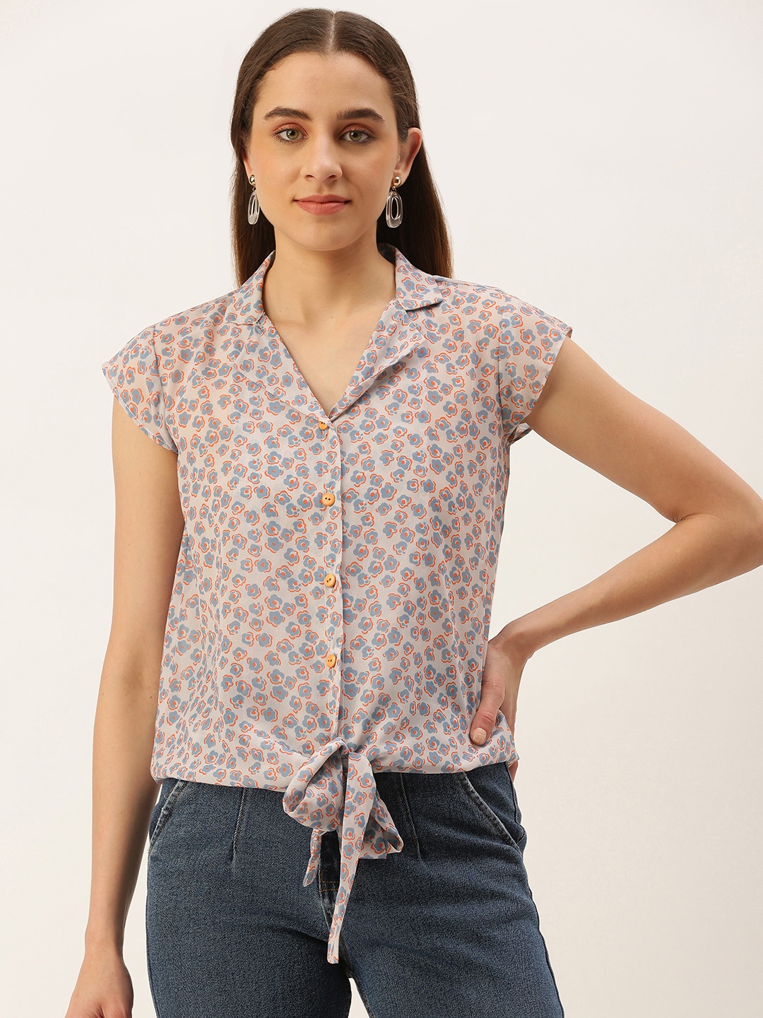 

MELOSO Grey & Blue Floral Print Extended Sleeves Georgette Shirt Style Top