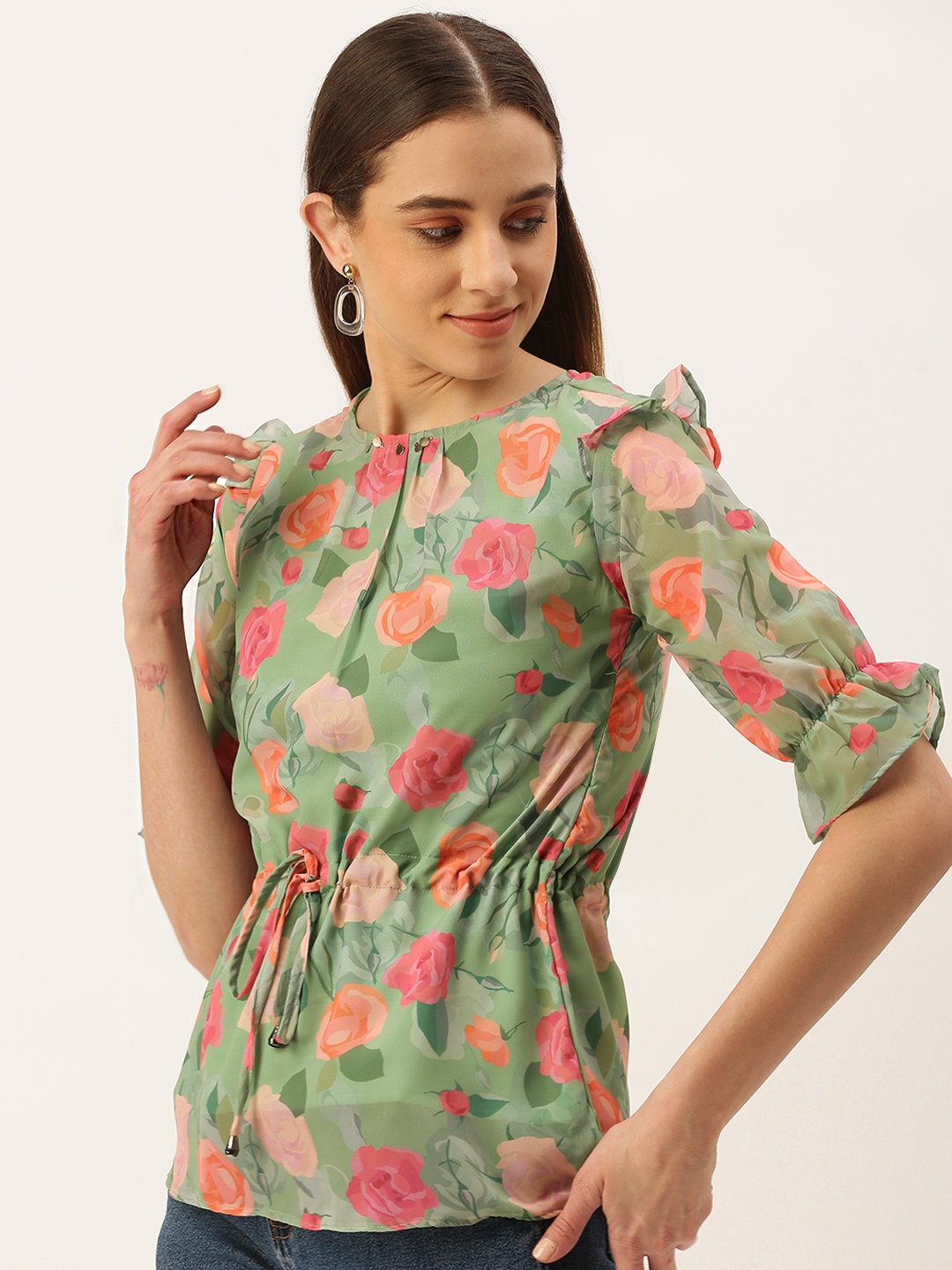 

MELOSO Sea Green & Pink Floral Print Georgette Cinched Waist Top