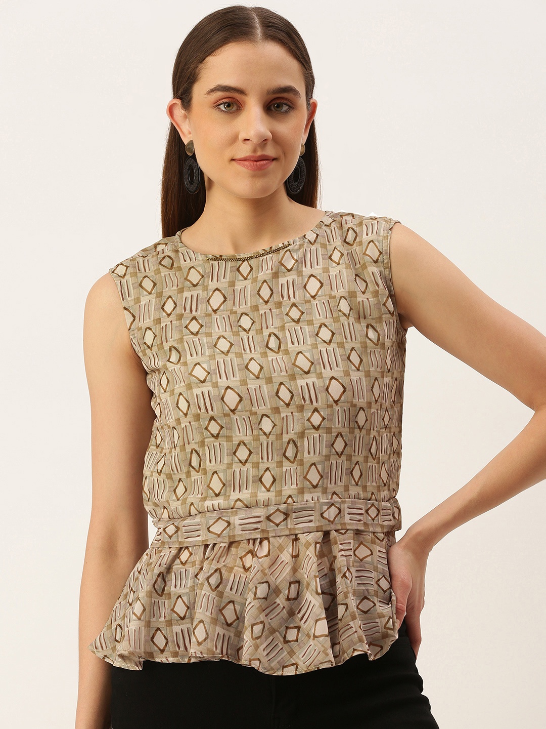 

MELOSO Grey & Brown Geometric Print Georgette Cinched Waist Top