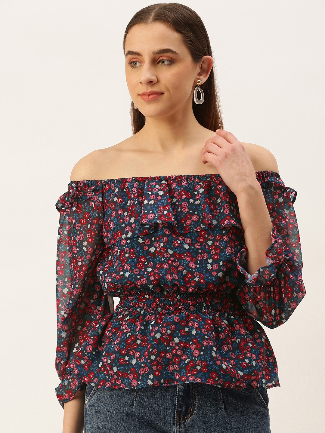 

MELOSO Navy Blue & Red Floral Print Off-Shoulder Georgette Cinched Waist Top