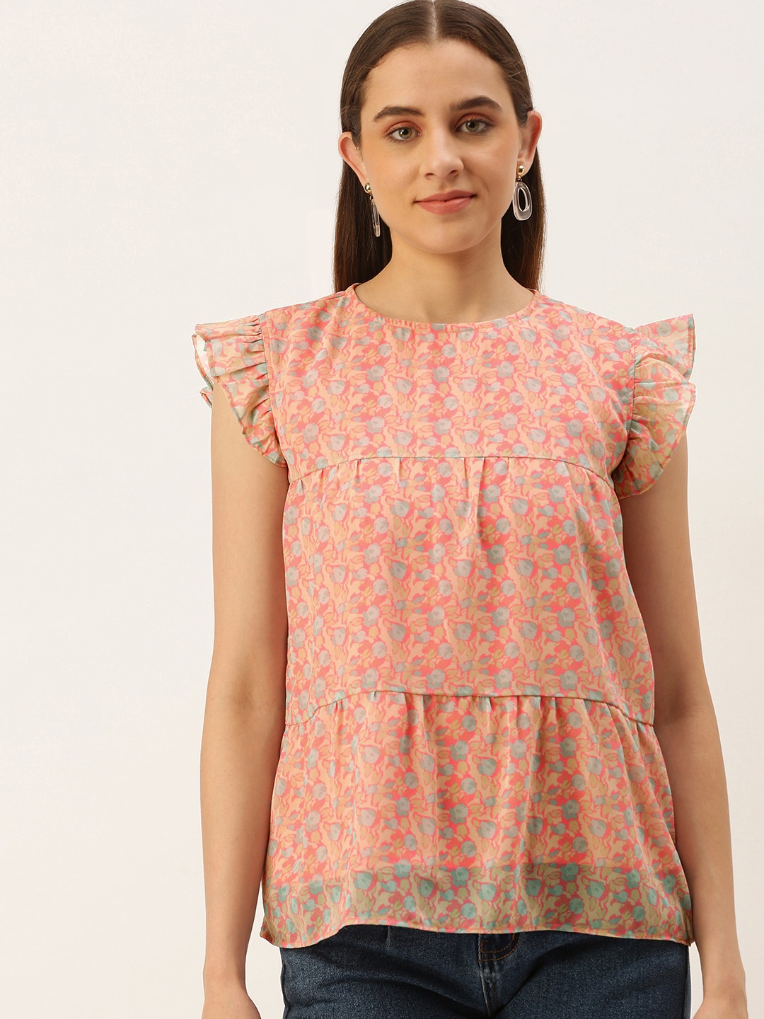 MELOSO Pink & Blue Floral Print Georgette Tiered Top