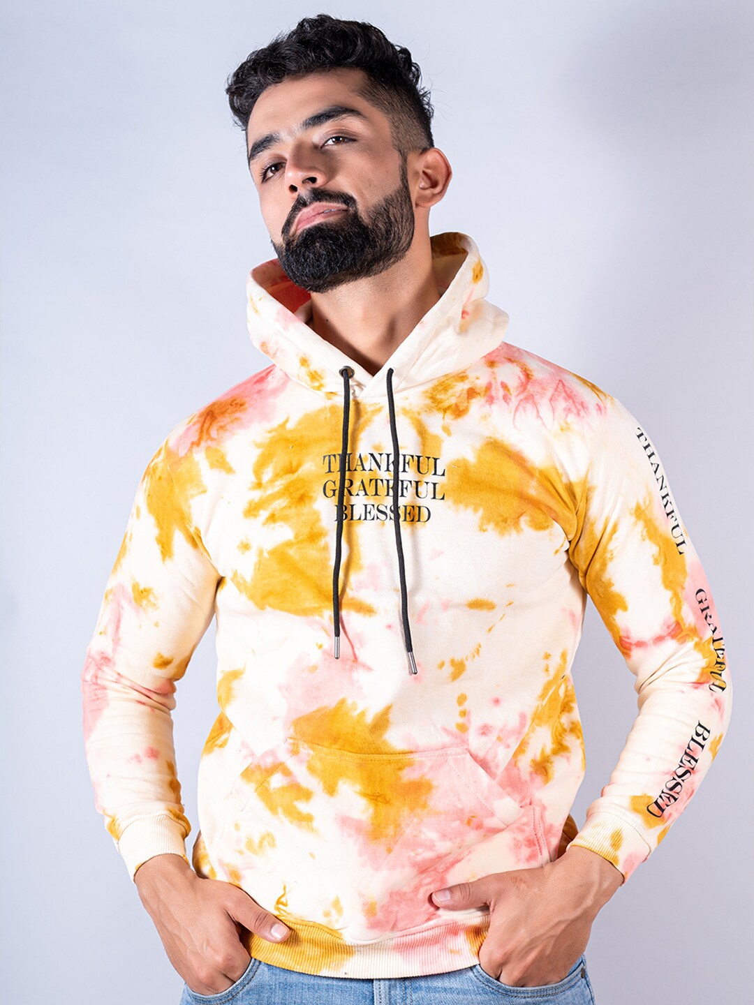 

Tistabene Men Tie-Dye Printed Hooded Cotton Sweatshirt, Yellow
