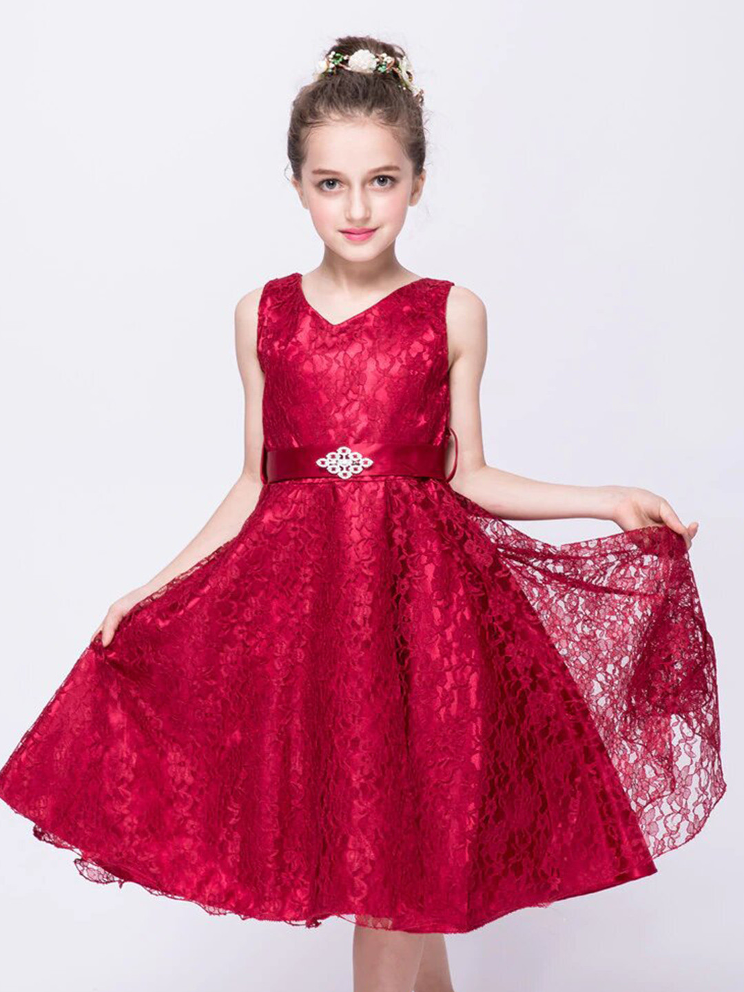 

R Cube Girls Netted Fit and Flare Party Dress, Maroon
