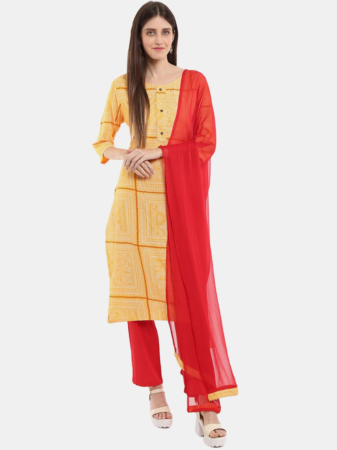 

V-Mart Ethnic Motifs Printed Gotta Patti Kurta with Trousers & With Dupatta, Yellow