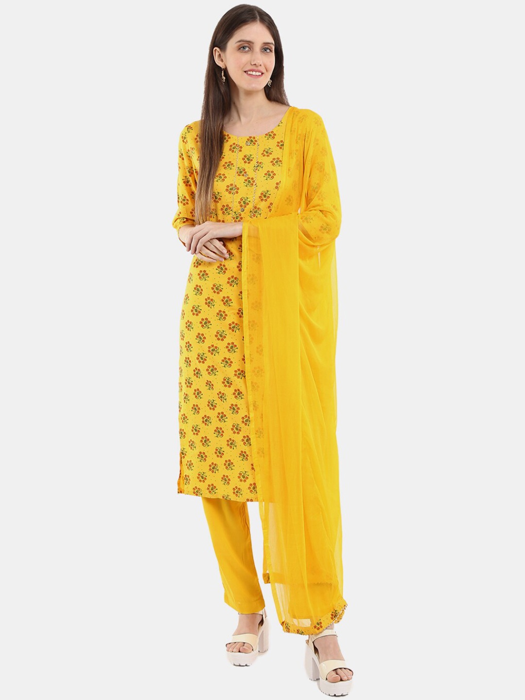 

V-Mart Floral Printed Gotta Patti Kurta with Trousers & With Dupatta, Yellow
