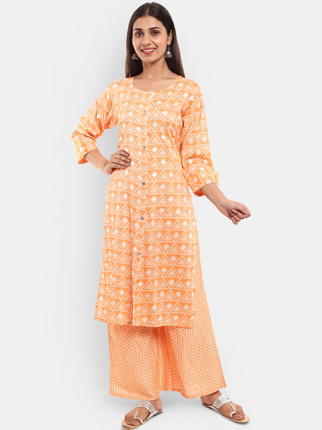 

V-Mart Women Printed Round Neck Kurta with Palazzos, Orange