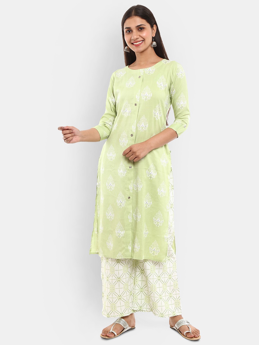 

V-Mart Women Printed Round Neck Kurta with Palazzos, Green