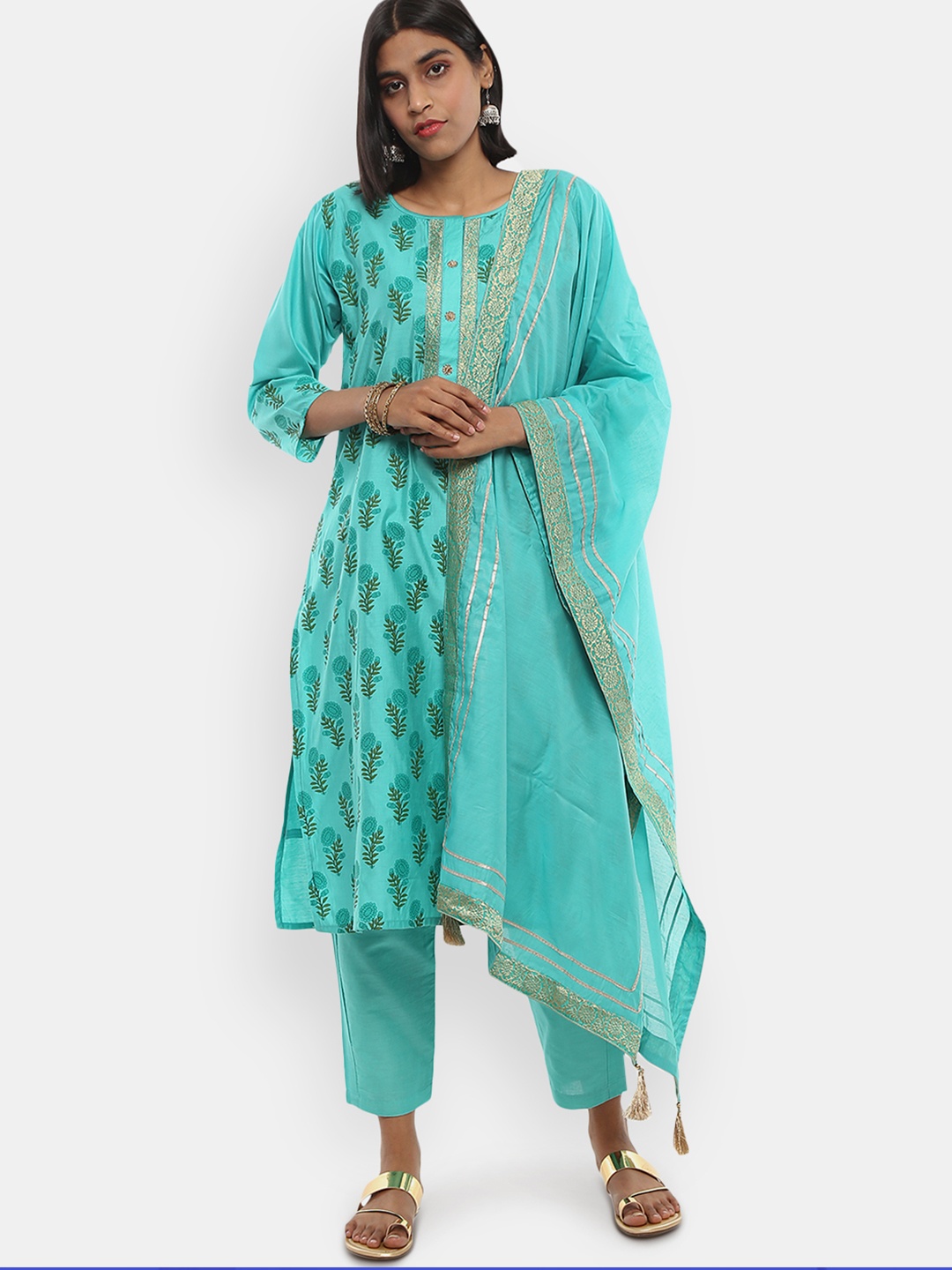 

V-Mart Women Ethnic Motifs Printed Kurta with Palazzos & With Dupatta, Green