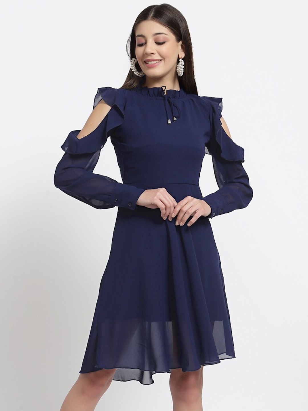 

aayu Tie-Up Neck Cold Shoulder Sleeves Fit & Flare Dress, Navy blue