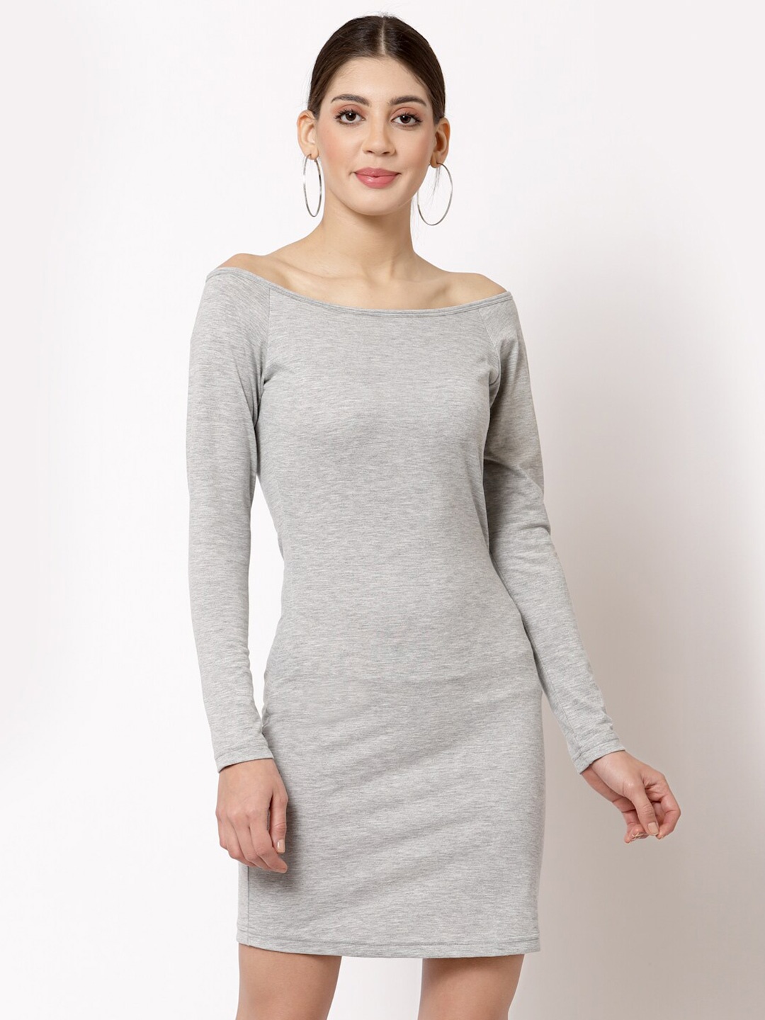 

aayu Off-Shoulder Long Sleeves Bodycon Dress, Grey
