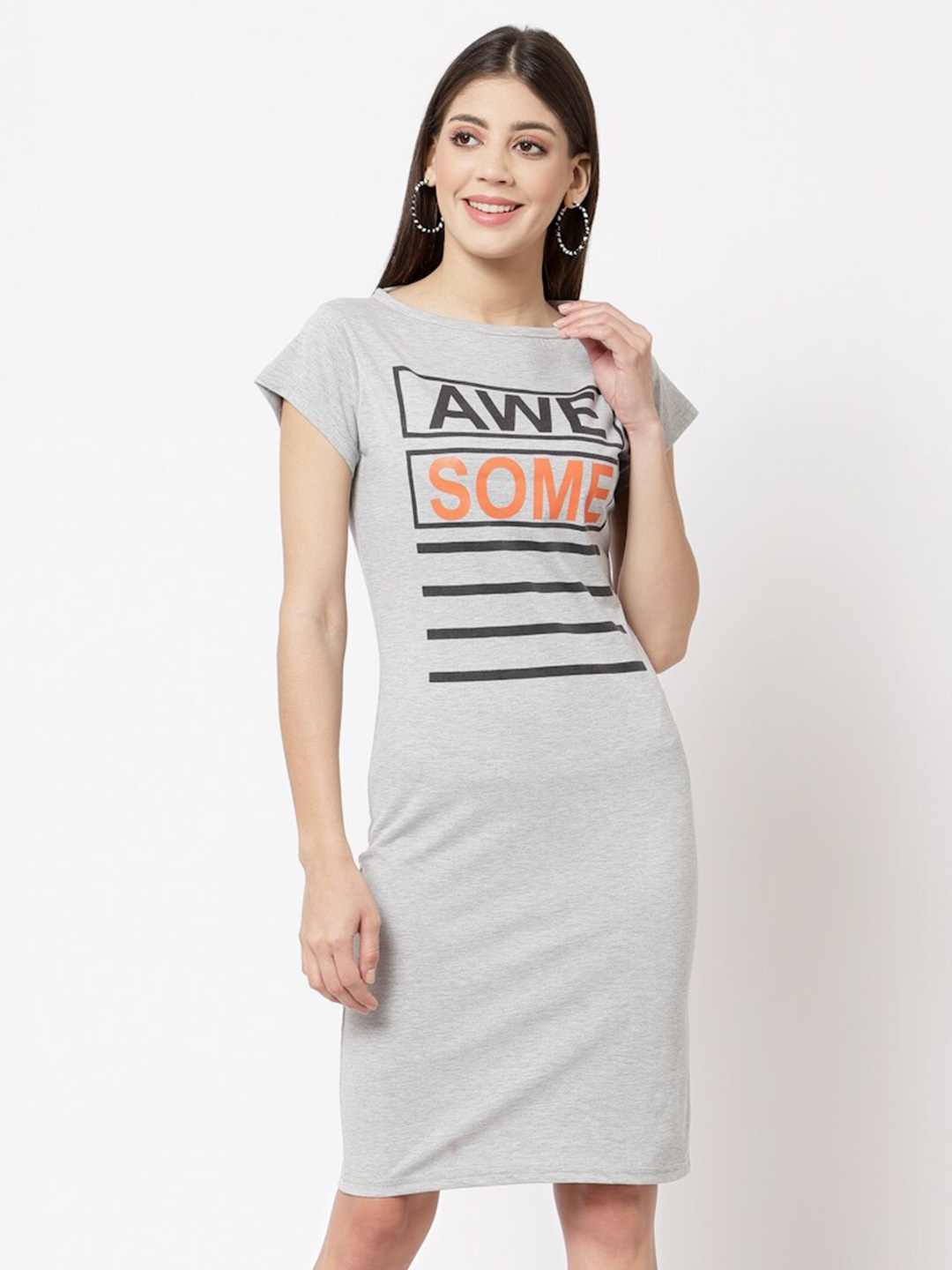 

aayu Typography Printed Round Neck T-shirt Dress, Grey