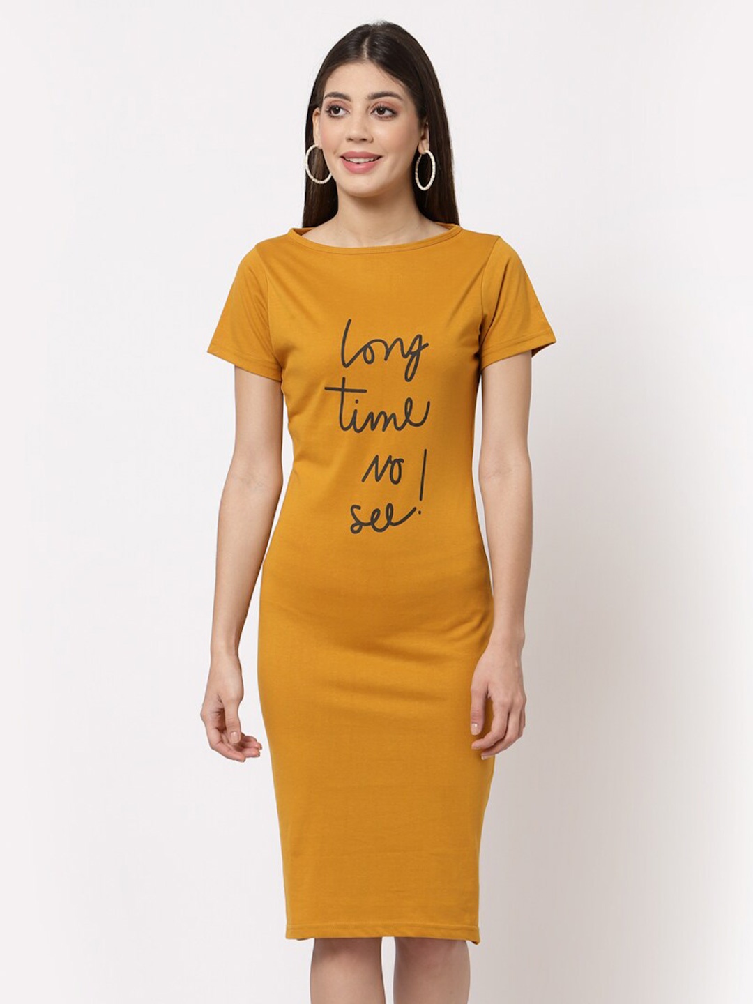 

aayu Typography Printed Round Neck T-shirt Dress, Mustard