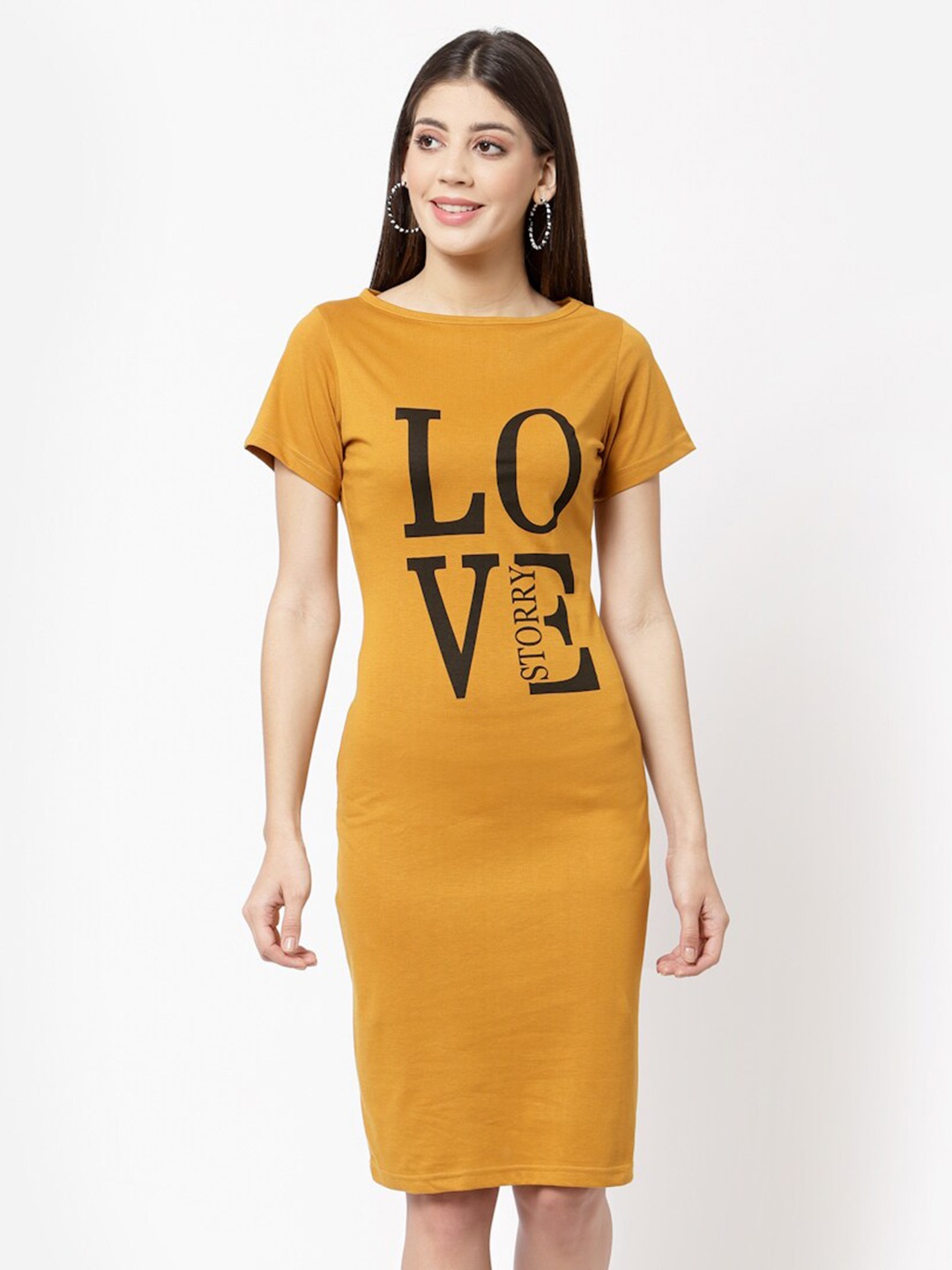 

aayu Alphanumeric Printed T-shirt Dress, Mustard