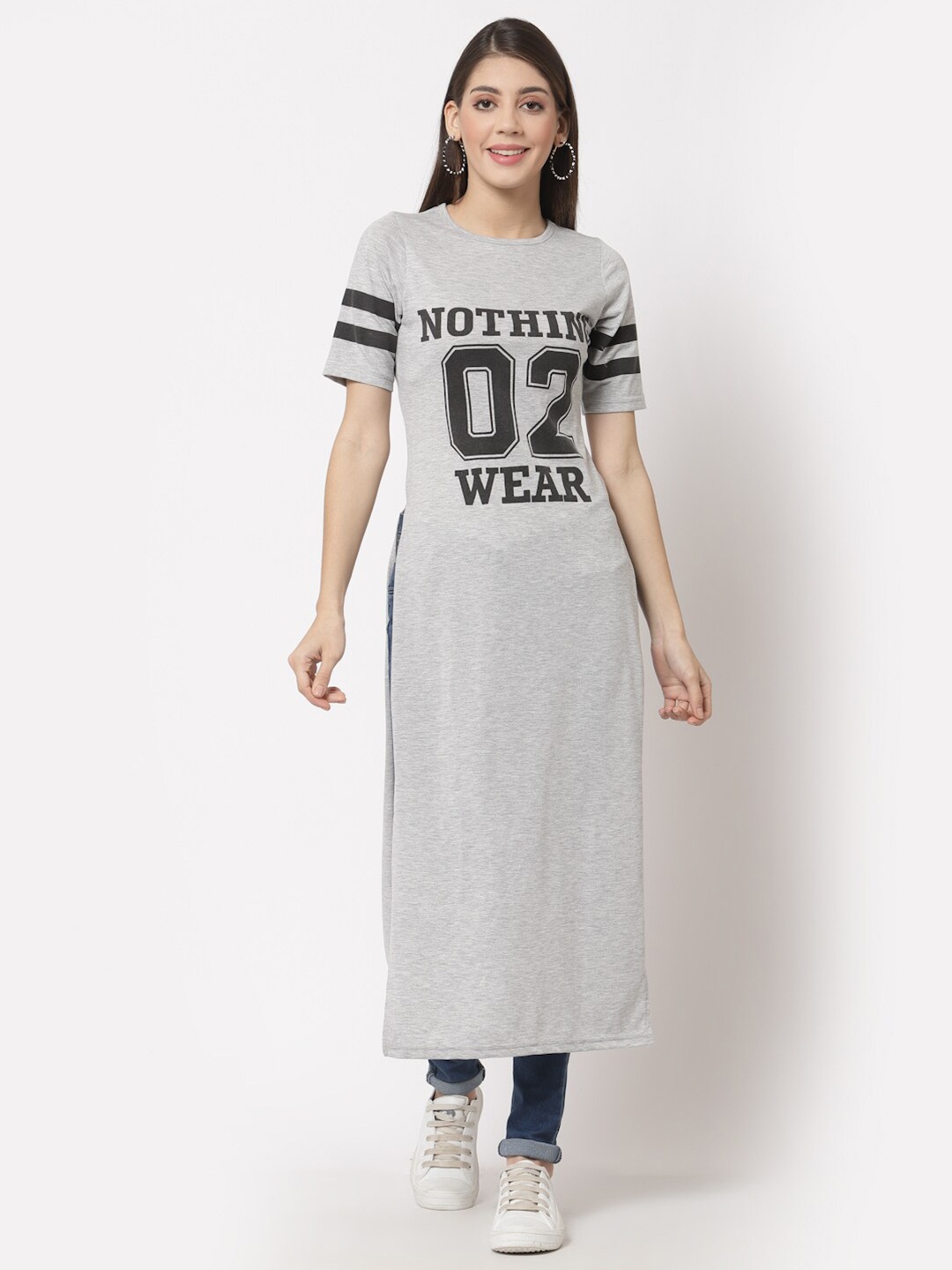 

aayu Round Neck Print Longline Top, Grey