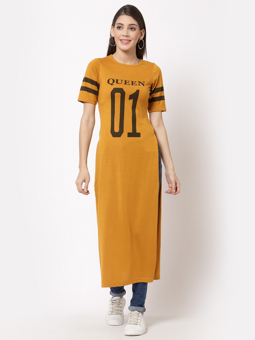 

aayu Women Yellow Print Longline Top, Mustard