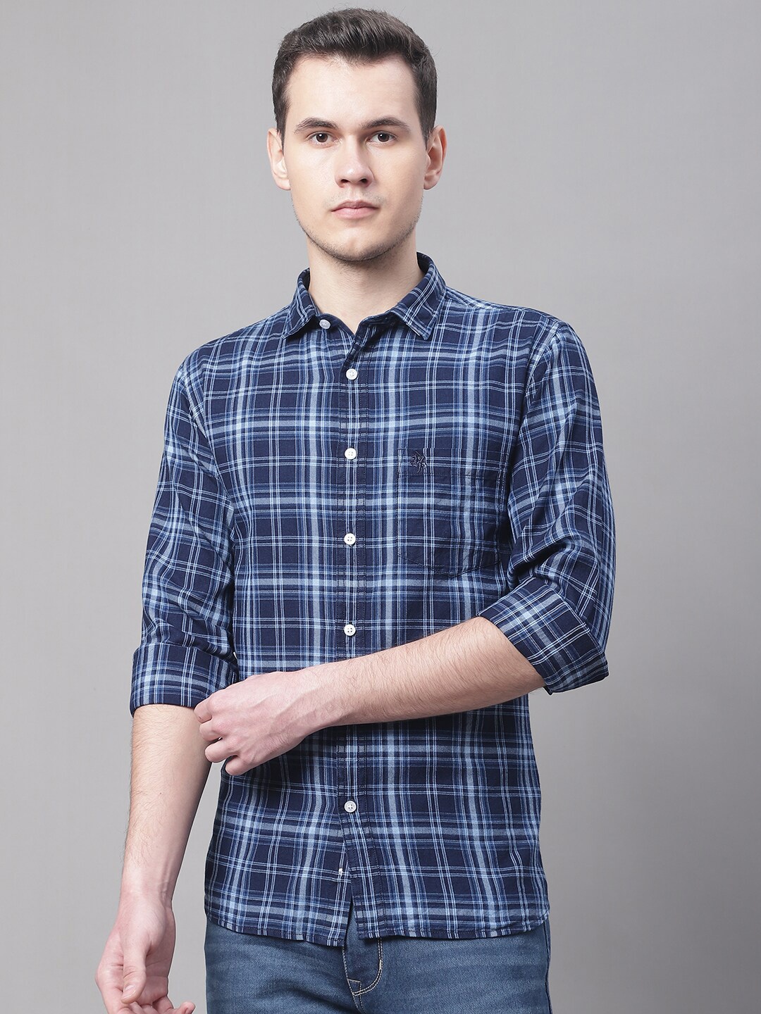 

Cantabil Men Tartan Checked Cotton Casual Shirt, Navy blue