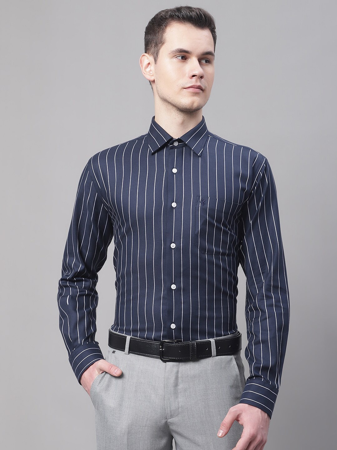 

Cantabil Men Striped Cotton Formal Shirt, Navy blue